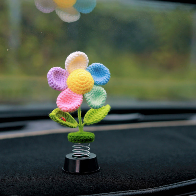 Crochet Rainbow Flower Car Dashboard Decor, Bobblehead Car Plant Dashboard Decor, Cute Car Accessories Interior, Car Air Freshener