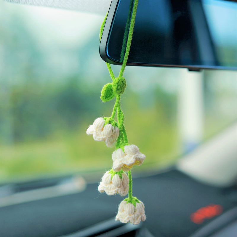 Car Mirror Hanging Accessories, Crochet Lily of the Valley Car Rear Mirror Accessory, Boho Car Decor Interior, Crochet Car Hanging Decor