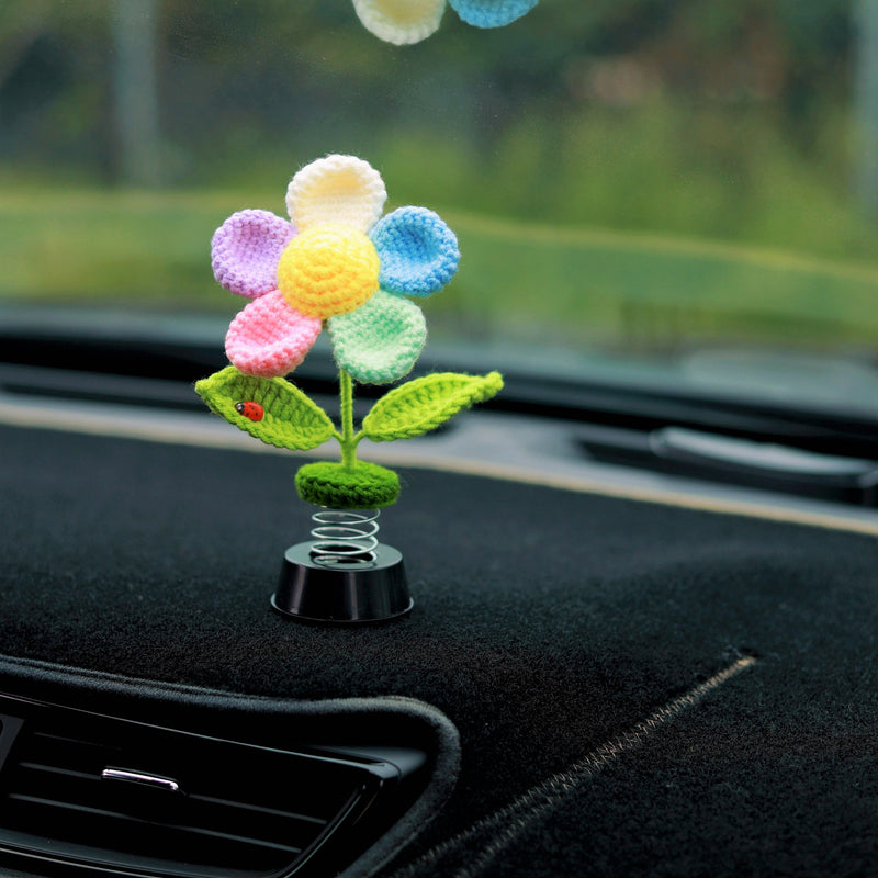 Crochet Rainbow Flower Car Dashboard Decor, Bobblehead Car Plant Dashboard Decor, Cute Car Accessories Interior, Car Air Freshener