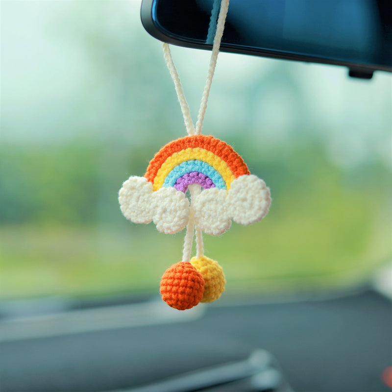 Crochet Rainbow Car Hanging Accessories, Cute Car Rear View Mirror Accessory, Boho Car Accessories Interior for Women, Graduation Gift