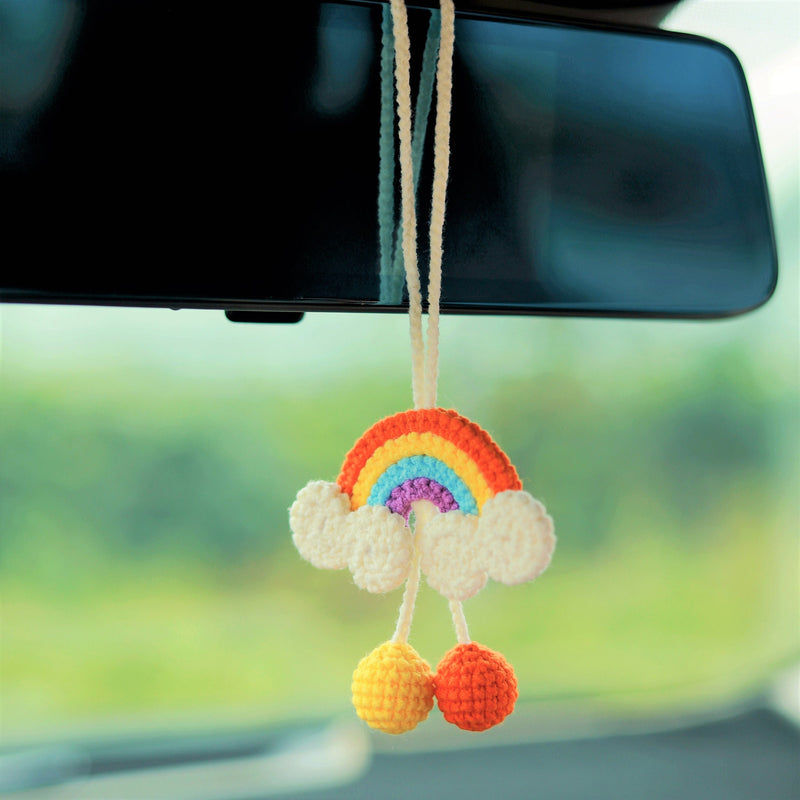 Crochet Rainbow Car Hanging Accessories, Cute Car Rear View Mirror Accessory, Boho Car Accessories Interior for Women, Graduation Gift