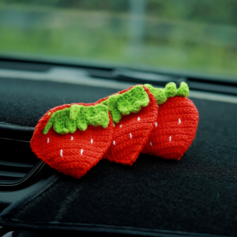 Crochet Car Coaster Set of 2, Strawberry Car Coasters, Kawaii Car Accessory for Women, 2.75'' Car Coasters, Boho Car Interior Accessory