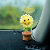 Crochet Smiley Sunflower Car Dashboard Decor, Cute Mini Potted Plant Car Dashboard Accessory, Boho Car Interior Accessory for Women