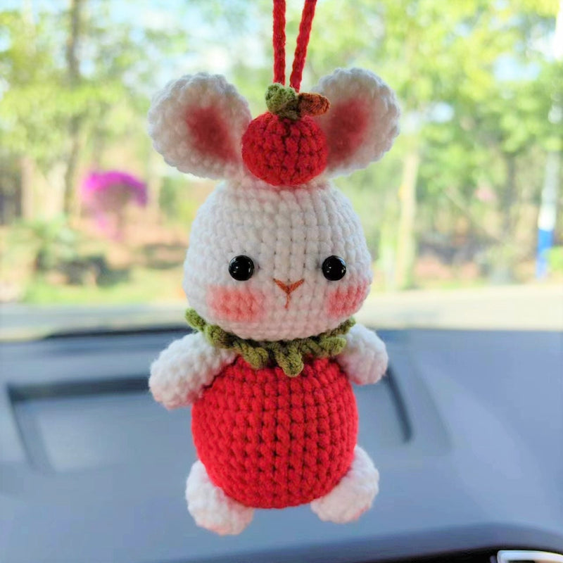 Strawberry Bunny Car Mirror Hanging Accessories, Crochet Bunny Car Rear Mirror Accessory, Anime Car Interior Accessories, Kawaii Car Decor