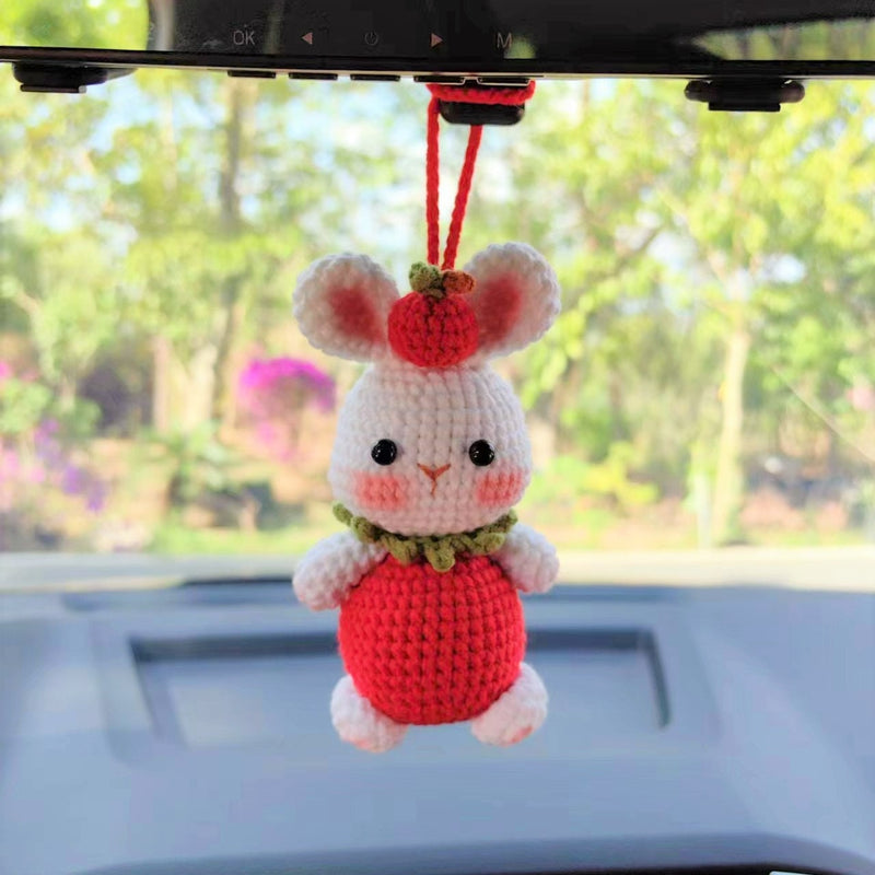 Strawberry Bunny Car Mirror Hanging Accessories, Crochet Bunny Car Rear Mirror Accessory, Anime Car Interior Accessories, Kawaii Car Decor