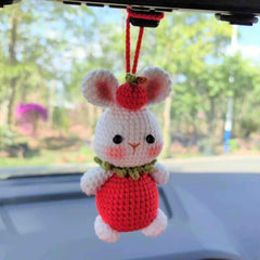 Strawberry Bunny Car Mirror Hanging Accessories, Crochet Bunny Car Rear Mirror Accessory, Anime Car Interior Accessories, Kawaii Car Decor