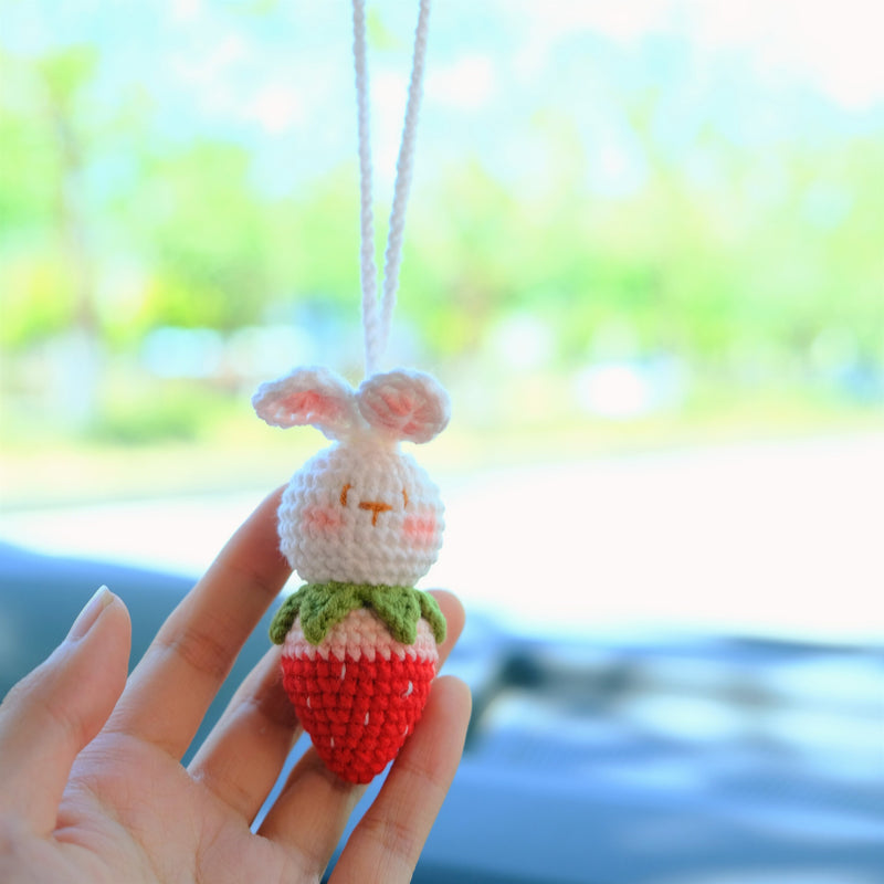 Crochet Strawberry Bunny Car Mirror Hanging Accessories, Car Rear View Mirror Accessory, Anime Car Interior Decor, Strawberry Car Accessory