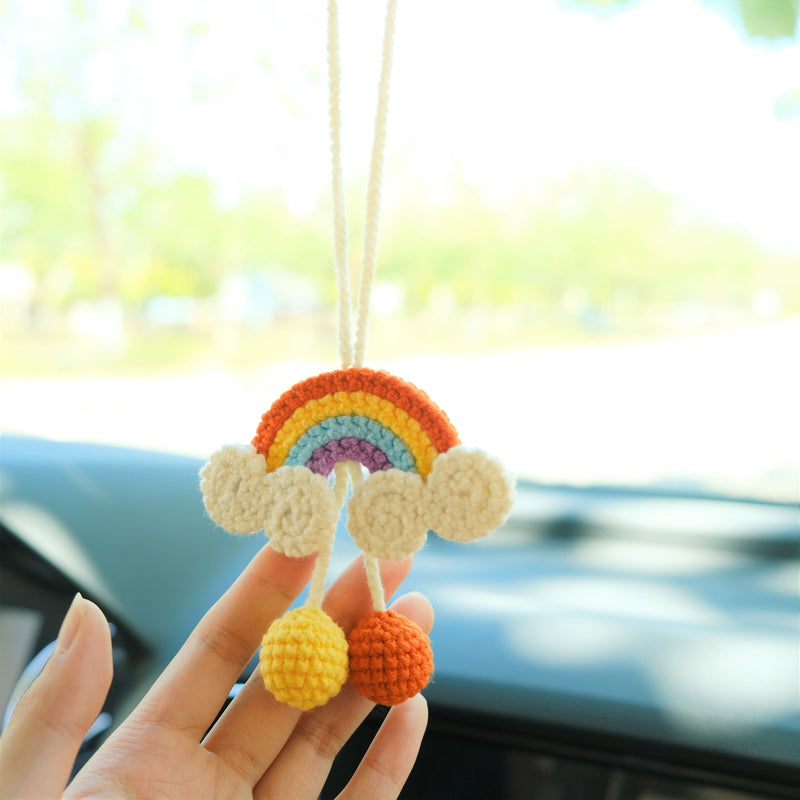 Crochet Rainbow Car Hanging Accessories, Cute Car Rear View Mirror Accessory, Boho Car Accessories Interior for Women, Graduation Gift