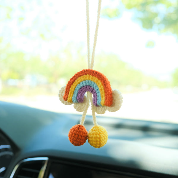 Crochet Rainbow Car Hanging Accessories, Cute Car Rear View Mirror Accessory, Boho Car Accessories Interior for Women, Graduation Gift