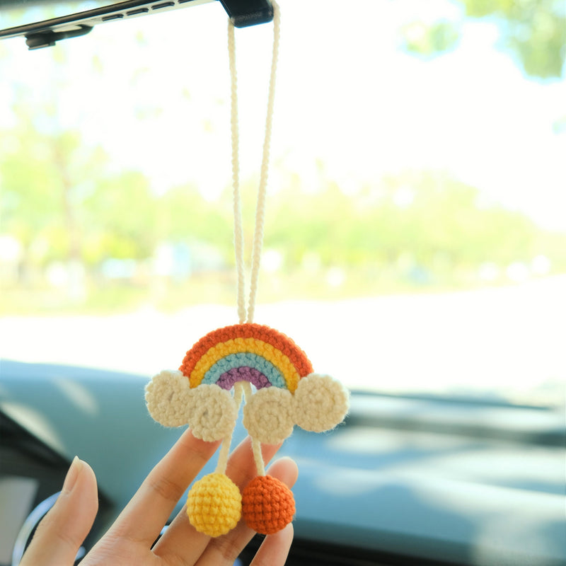 Crochet Rainbow Car Hanging Accessories, Cute Car Rear View Mirror Accessory, Boho Car Accessories Interior for Women, Graduation Gift