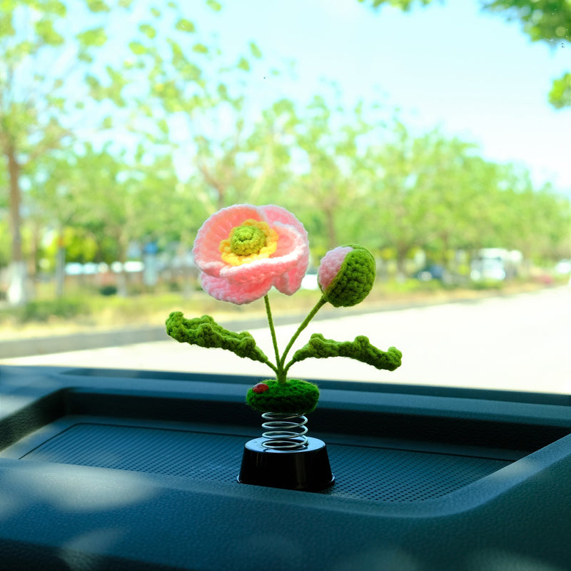 Crochet Common Poppy Car Dashboard Decor, Bobblehead Pink Car Accessory, Cute Interior Accessory for Women/Teens, Car Air Freshener