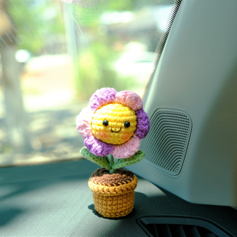 3pcs/2Pcs Mini Smiley Sunflower Car Accessories, Crochet Rinbow Sunflower Potted Plant Car Dashboard Decor, Car Interior Accessory for Women