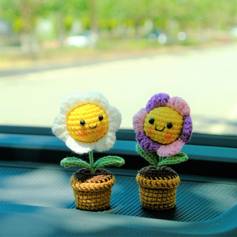 3pcs/2Pcs Mini Smiley Sunflower Car Accessories, Crochet Rinbow Sunflower Potted Plant Car Dashboard Decor, Car Interior Accessory for Women