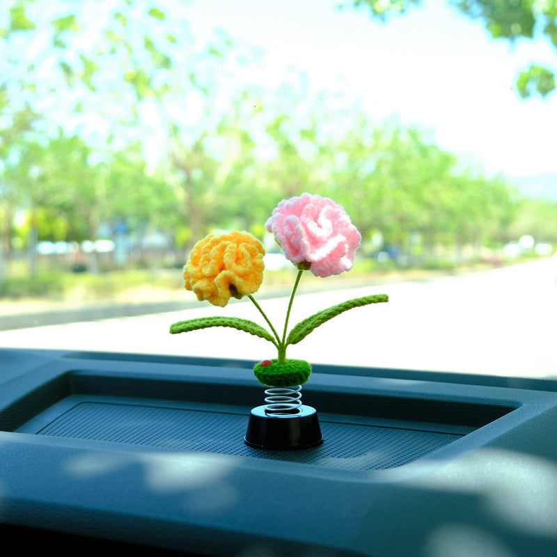 Crochet Carnations Car Dashboard Decor, Car Plant Bobblehead Dashboard Decor, Car Air Freshener, Boho Car Interior Accessories for Women