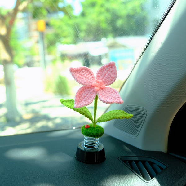 Crochet Hibiscus Flower Car Dashboard Decor, Bobblehead Car Plant Dashboard Decor, Cute Interior Car Accessory for Women, Car Air Freshener