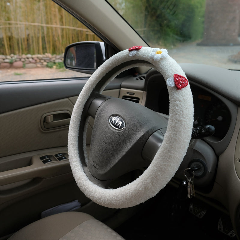 Crochet Mushroom & Daisy Steering Wheel Cover, Berber Fleece Boho Steering Wheel Cover with Grip, Car Interior Accessory for Women