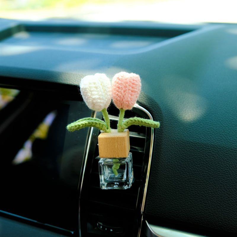 Crochet Tulips Car Diffuser, Car Plant Vent Clip, Car Air Freshener, Flower Car Diffuser Bottle, Boho Car Interior Accessory for Women