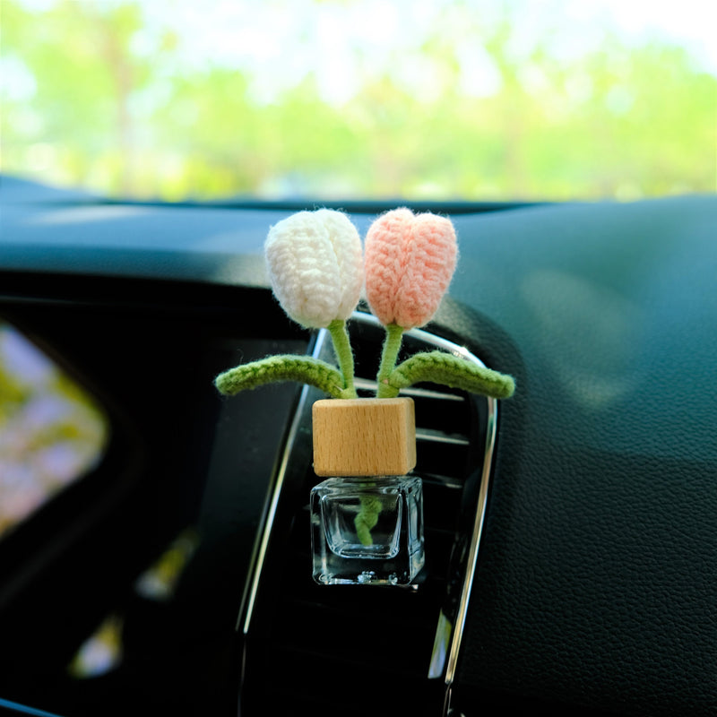 Crochet Tulips Car Diffuser, Car Plant Vent Clip, Car Air Freshener, Flower Car Diffuser Bottle, Boho Car Interior Accessory for Women