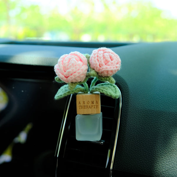 Crochet Roses Car Diffuser, Car Plant Vent Clip, Car Air Freshener, Flower Car Diffuser Bottle, Cute Car Accessories, Pink Car Accessories