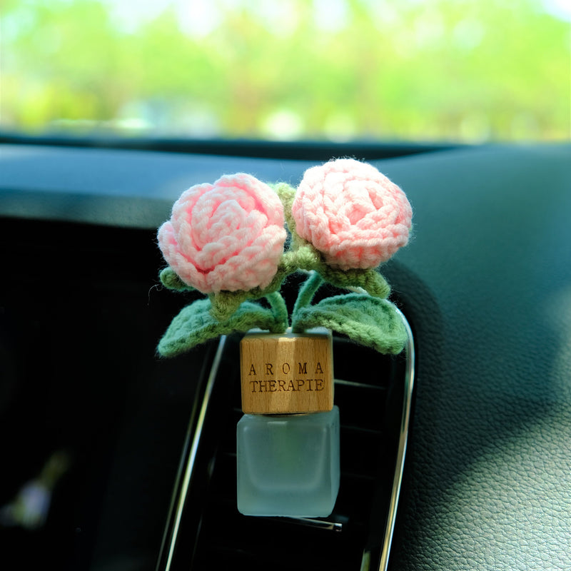 Crochet Roses Car Diffuser, Car Plant Vent Clip, Car Air Freshener, Flower Car Diffuser Bottle, Cute Car Accessories, Pink Car Accessories