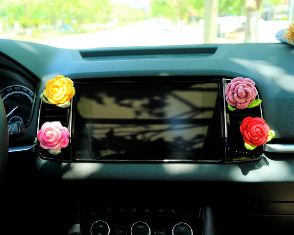 Crochet Roses Car Vent Clips Air Freshener, Cute Rainbow Flower Car Air Vent Clip, Boho Interior Car Accessories for Women, Gift for Her