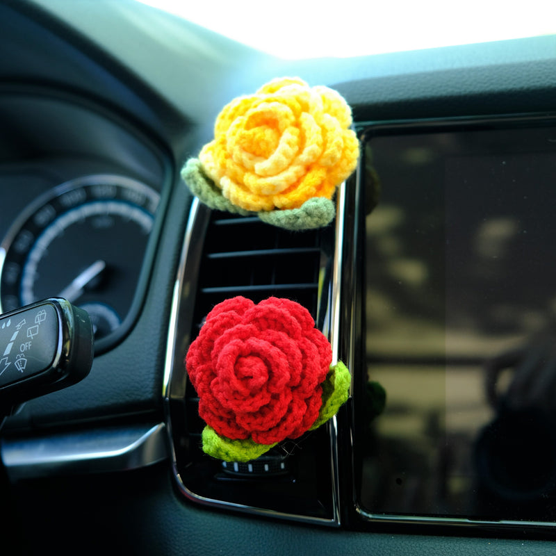 Crochet Roses Car Vent Clips Air Freshener, Cute Rainbow Flower Car Air Vent Clip, Boho Interior Car Accessories for Women, Gift for Her