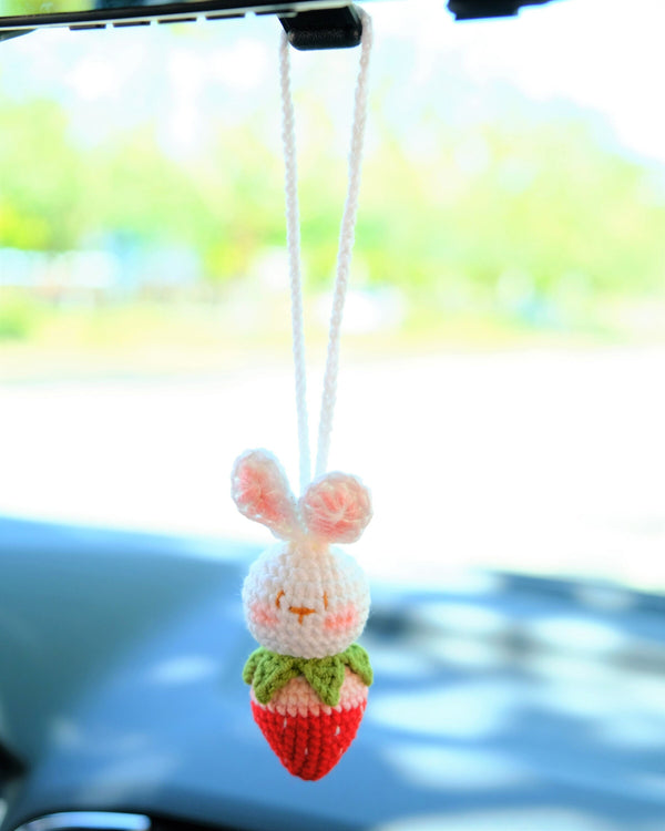 Crochet Strawberry Bunny Car Mirror Hanging Accessories, Car Rear View Mirror Accessory, Anime Car Interior Decor, Strawberry Car Accessory