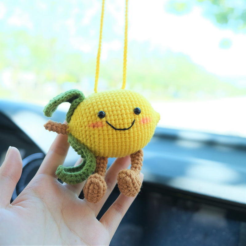 Crochet Lemon Doll Car Mirror Hanging Accessory, Smiley Lemon Car Rear View Mirror Accessory, Anime Car Interior Accessory for Women/Teens