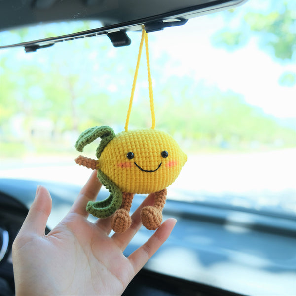 Crochet Lemon Doll Car Mirror Hanging Accessory, Smiley Lemon Car Rear View Mirror Accessory, Anime Car Interior Accessory for Women/Teens