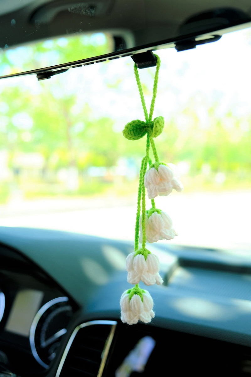 Car Mirror Hanging Accessories, Crochet Lily of the Valley Car Rear Mirror Accessory, Boho Car Decor Interior, Crochet Car Hanging Decor