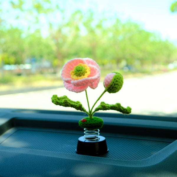 Crochet Common Poppy Car Dashboard Decor, Bobblehead Pink Car Accessory, Cute Interior Accessory for Women/Teens, Car Air Freshener