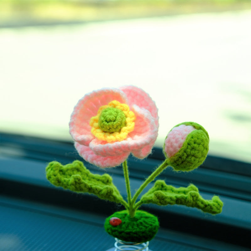 Crochet Common Poppy Car Dashboard Decor, Bobblehead Pink Car Accessory, Cute Interior Accessory for Women/Teens, Car Air Freshener