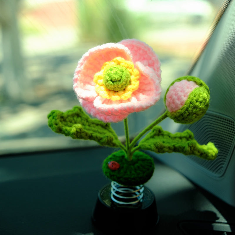 Crochet Common Poppy Car Dashboard Decor, Bobblehead Pink Car Accessory, Cute Interior Accessory for Women/Teens, Car Air Freshener