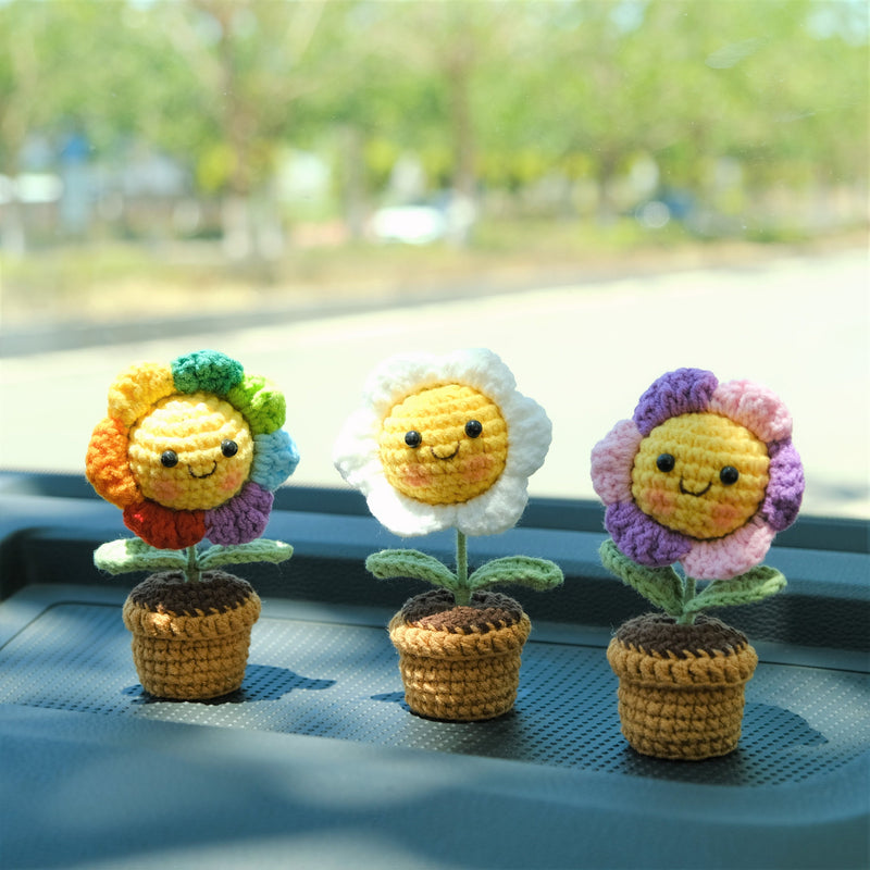 3pcs/2Pcs Mini Smiley Sunflower Car Accessories, Crochet Rinbow Sunflower Potted Plant Car Dashboard Decor, Car Interior Accessory for Women