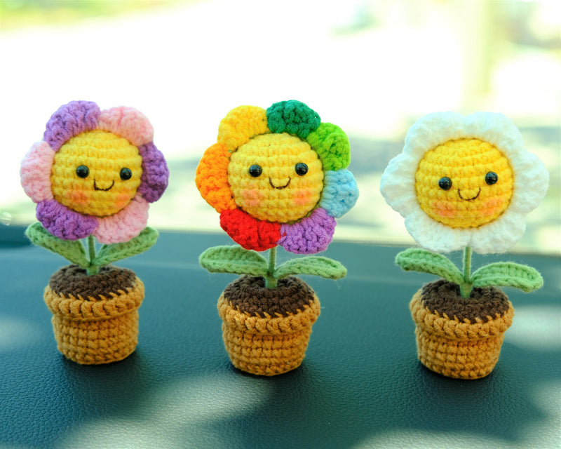 3pcs/2Pcs Mini Smiley Sunflower Car Accessories, Crochet Rinbow Sunflower Potted Plant Car Dashboard Decor, Car Interior Accessory for Women