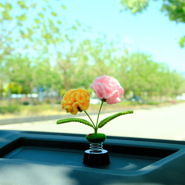 Crochet Carnations Car Dashboard Decor, Car Plant Bobblehead Dashboard Decor, Car Air Freshener, Boho Car Interior Accessories for Women