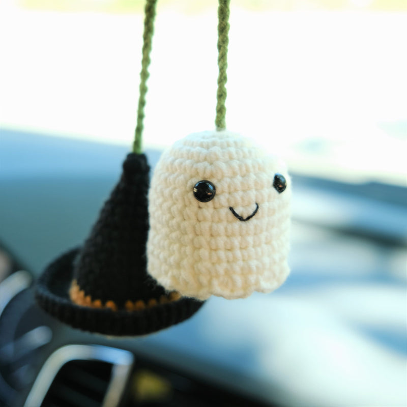 Crochet Ghost & Wizard Hat Car Hanging Accessories, Car Rear View Mirror Hanging Accessories, Goth Car Accessory, Unique Halloween Gift