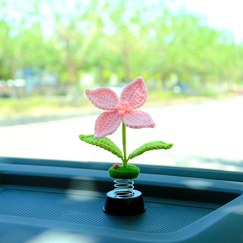 Crochet Hibiscus Flower Car Dashboard Decor, Bobblehead Car Plant Dashboard Decor, Cute Interior Car Accessory for Women, Car Air Freshener