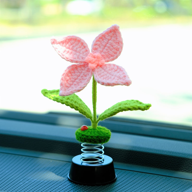 Crochet Hibiscus Flower Car Dashboard Decor, Bobblehead Car Plant Dashboard Decor, Cute Interior Car Accessory for Women, Car Air Freshener