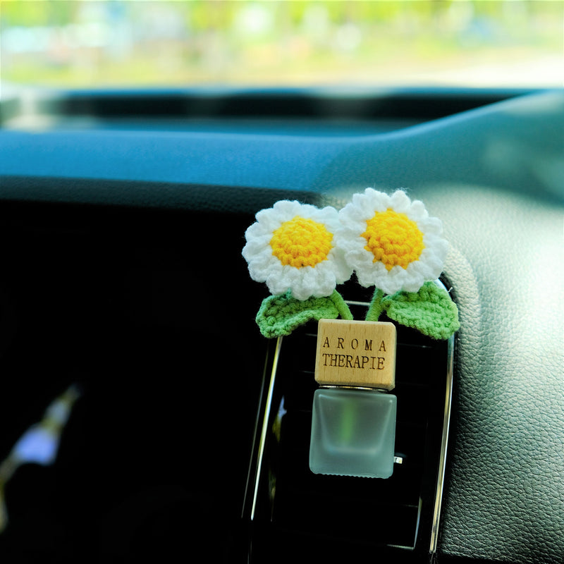 Crochet Daisy Car Diffuser, Car Plant Vent Clip, Car Air Freshener, Flower Car Diffuser Bottle, Boho Car Interior Accessory for Women