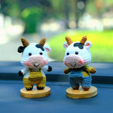 Crochet Smiley Cow Car Dashboard Decor, Chunky Overalls Cow Car Accessory, Cute Interior Car Accessory for Women/Teens/Men, Gifts for Couple