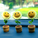 Crochet Smiley Sunflower Car Dashboard Decor, Cute Mini Potted Plant Car Dashboard Accessory, Boho Car Interior Accessory for Women