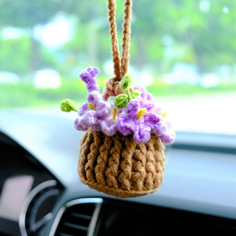 Crochet Forget Me Not Car Mirror Hanging Accessories, Mini Purple Flower Basket Car Rear View Mirror Accessory, Boho Interior Car Accessory