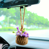 Crochet Forget Me Not Car Mirror Hanging Accessories, Mini Purple Flower Basket Car Rear View Mirror Accessory, Boho Interior Car Accessory