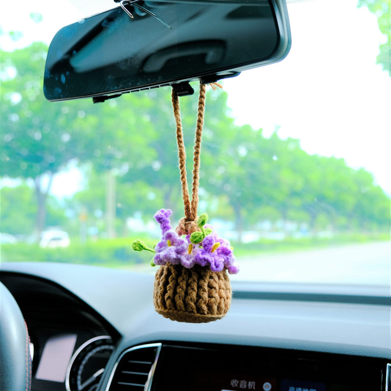 Crochet Forget Me Not Car Mirror Hanging Accessories, Mini Purple Flower Basket Car Rear View Mirror Accessory, Boho Interior Car Accessory