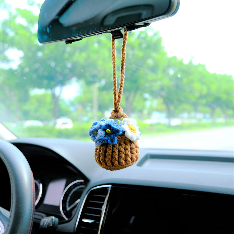 Crochet Forget Me Not Car Mirror Hanging Accessories, Mini Blue Flower Basket Car Rear View Mirror Accessory, Boho Interior Car Accessory