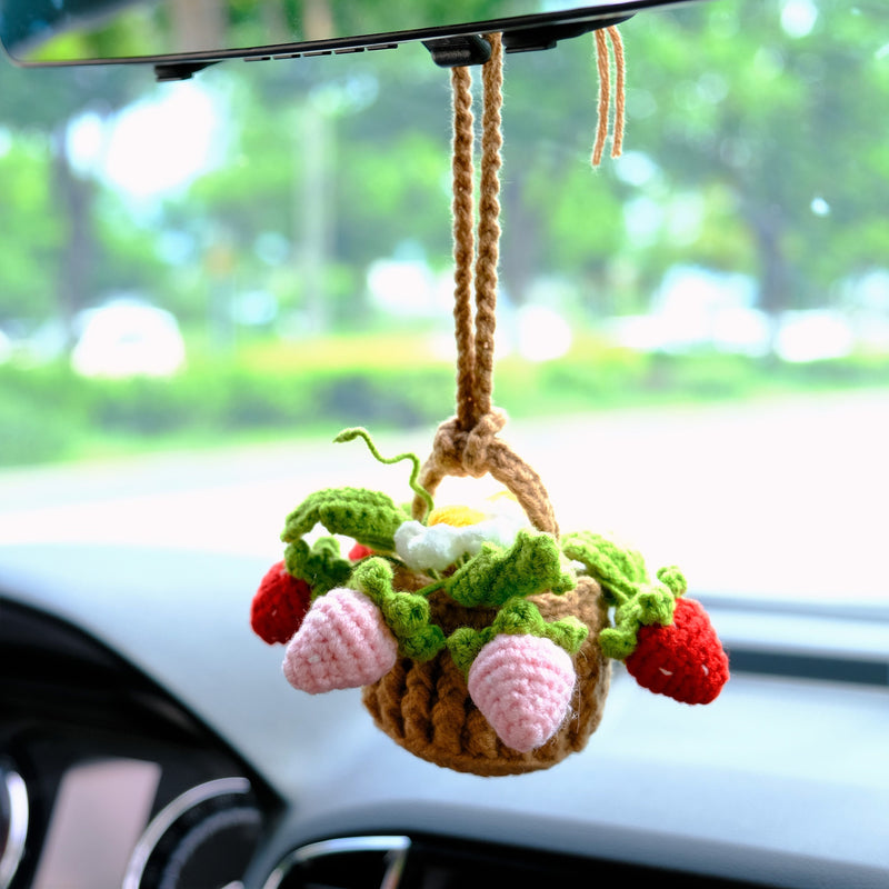 Crochet Strawberry & Daisy Car Mirror Hanging Accessories, Mini Flower Basket Car Rear View Mirror Accessory, Boho Interior Car Accessory