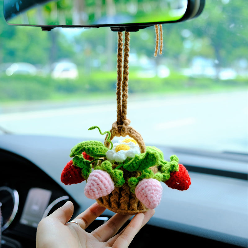 Crochet Strawberry & Daisy Car Mirror Hanging Accessories, Mini Flower Basket Car Rear View Mirror Accessory, Boho Interior Car Accessory