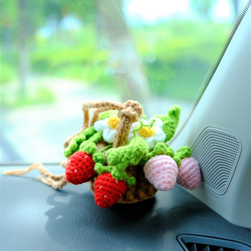 Crochet Strawberry & Daisy Car Mirror Hanging Accessories, Mini Flower Basket Car Rear View Mirror Accessory, Boho Interior Car Accessory