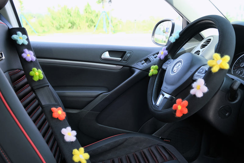 Ice Silk Steering Wheel Cover, Crochet Rainbow Flower Steering Wheel Cover, Cute Car Interior Accessory for Women, Boho Steering Wheel Cover